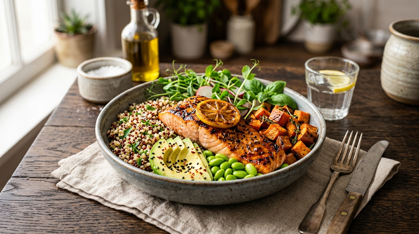 Glazed salmon quinoa bowl photo scanned with Gemini AI
