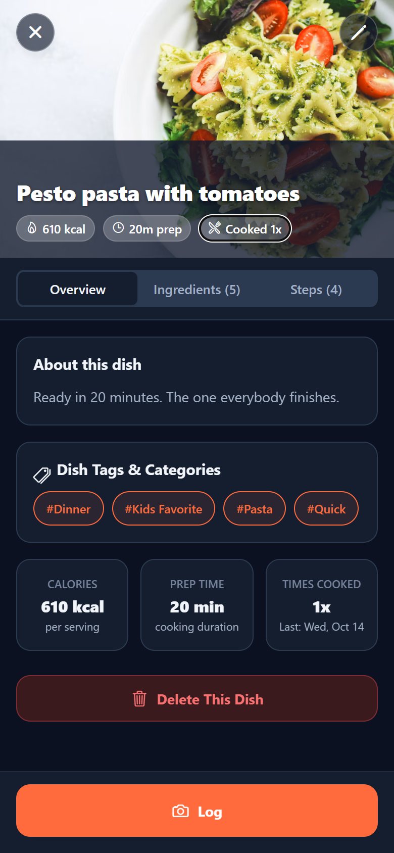 A dish page with calories, prep time and tags