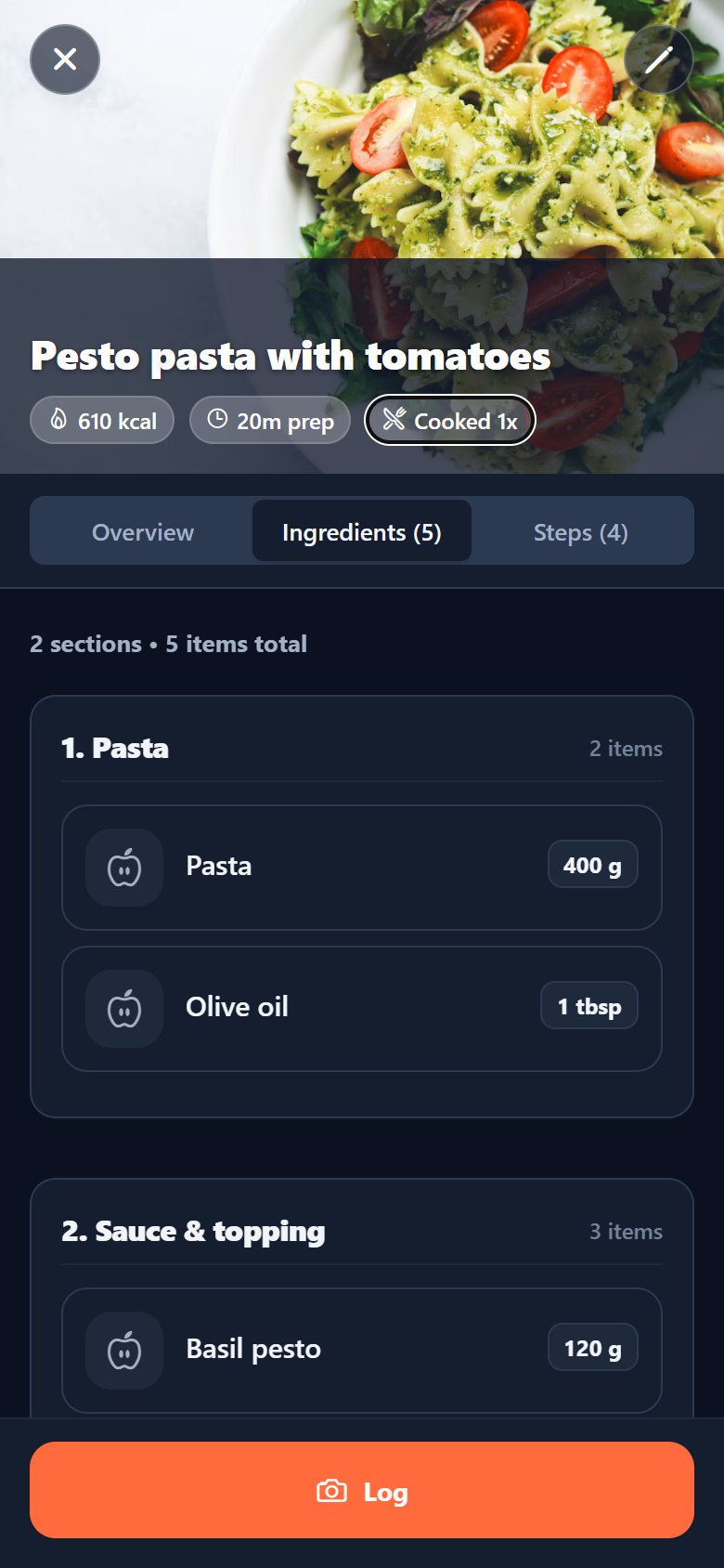 A dish's ingredients grouped into sections