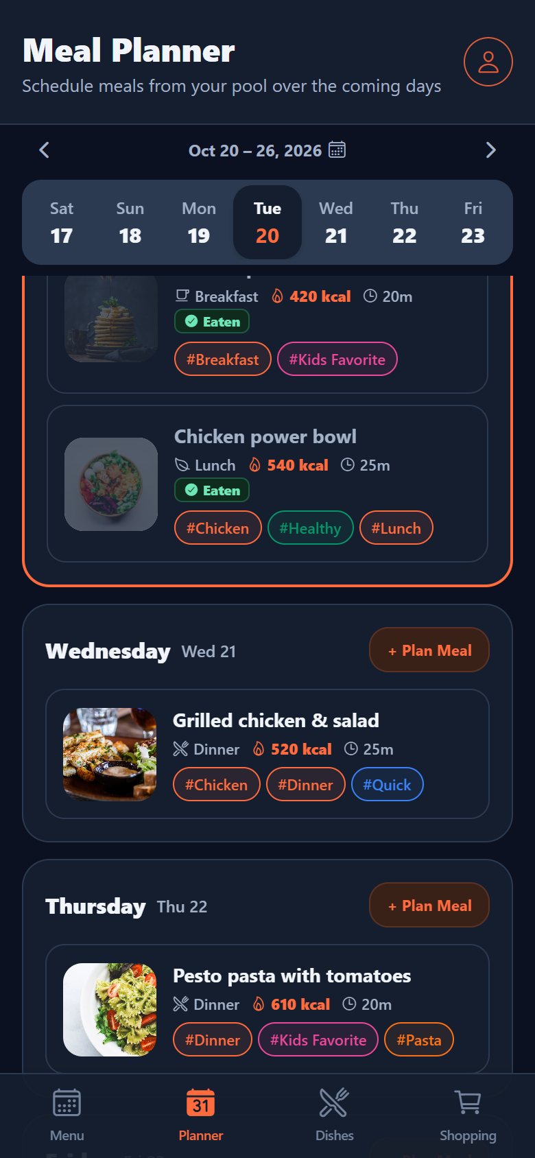 Weekly meal planner with dinners planned for each day