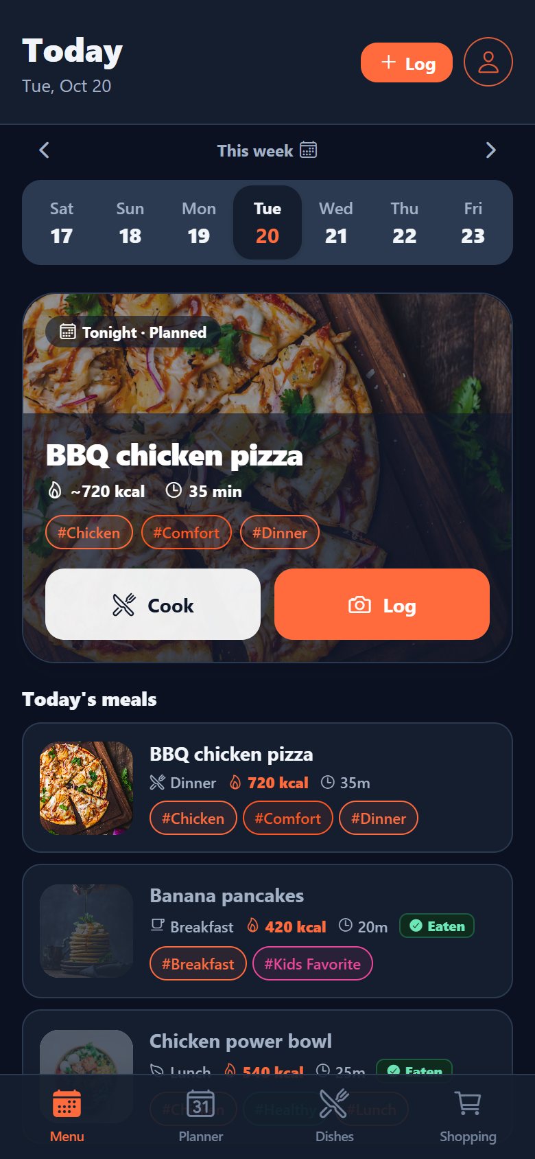 Cuisy's Today screen showing tonight's planned dinner and today's meals