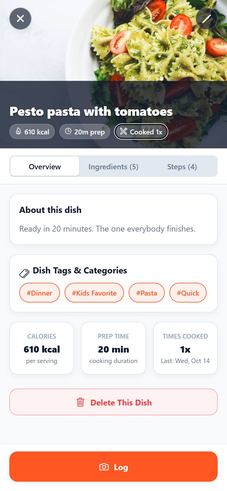 A dish page with calories, prep time and tags