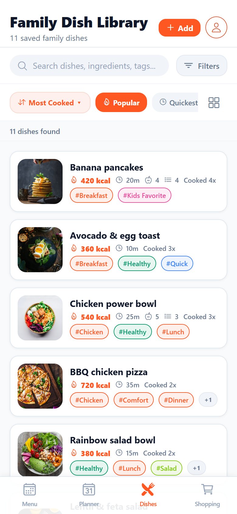Family dish library with photos and tags