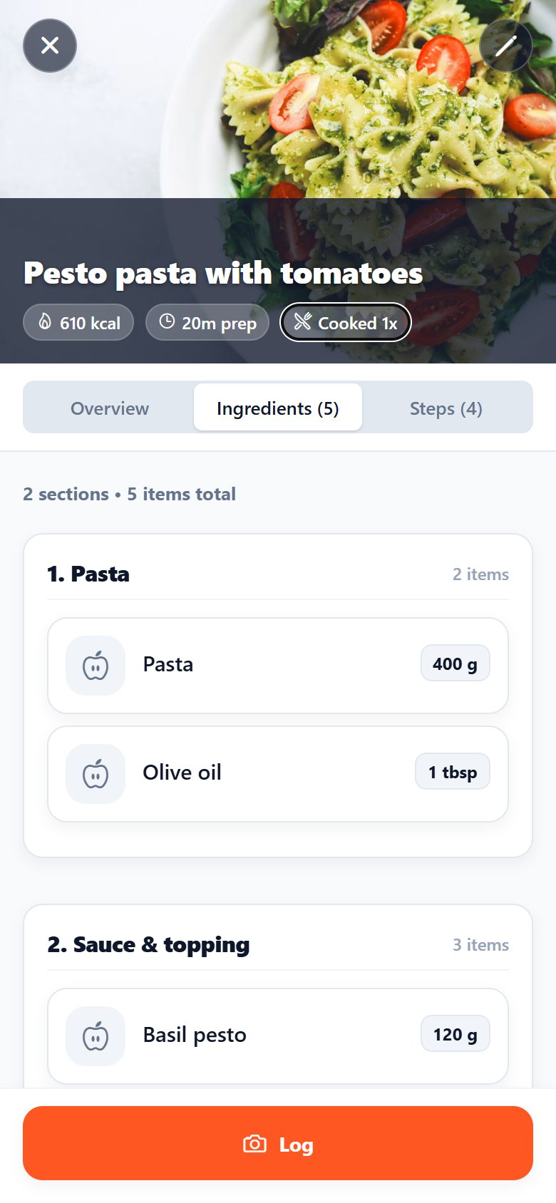 A dish's ingredients grouped into sections