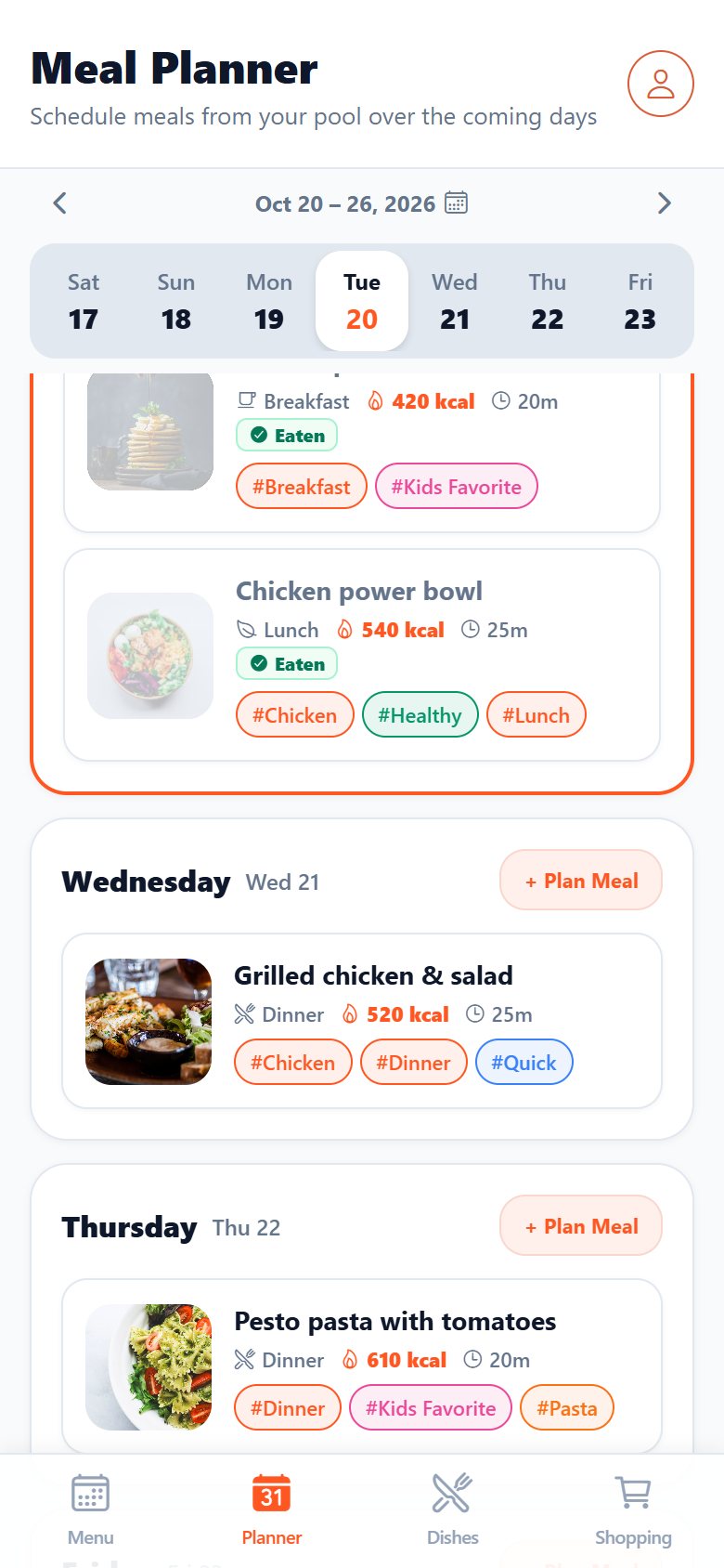 Weekly meal planner with dinners planned for each day