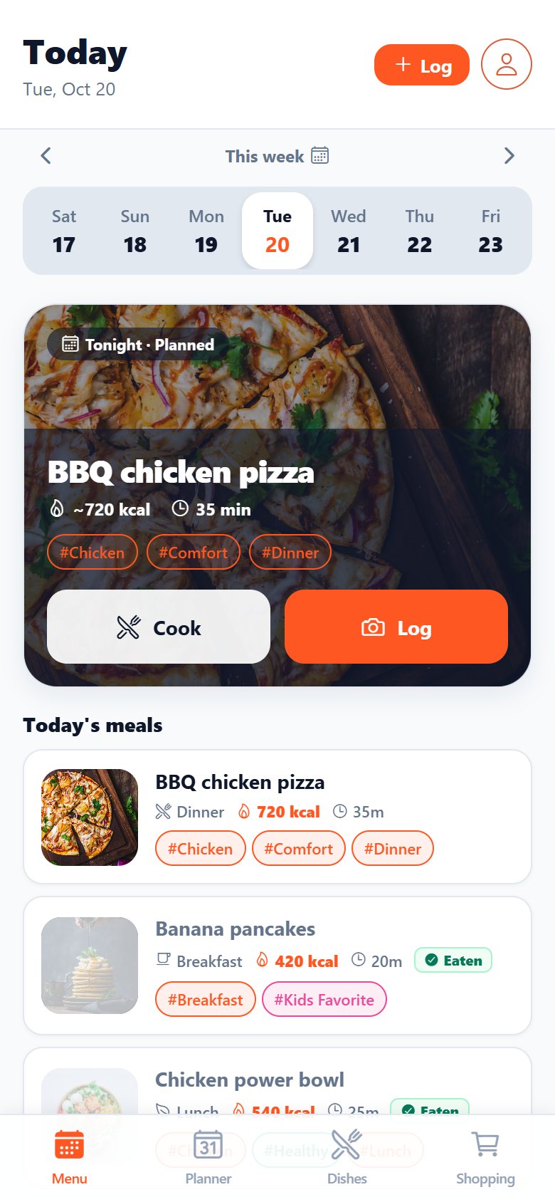 Cuisy's Today screen showing tonight's planned dinner and today's meals