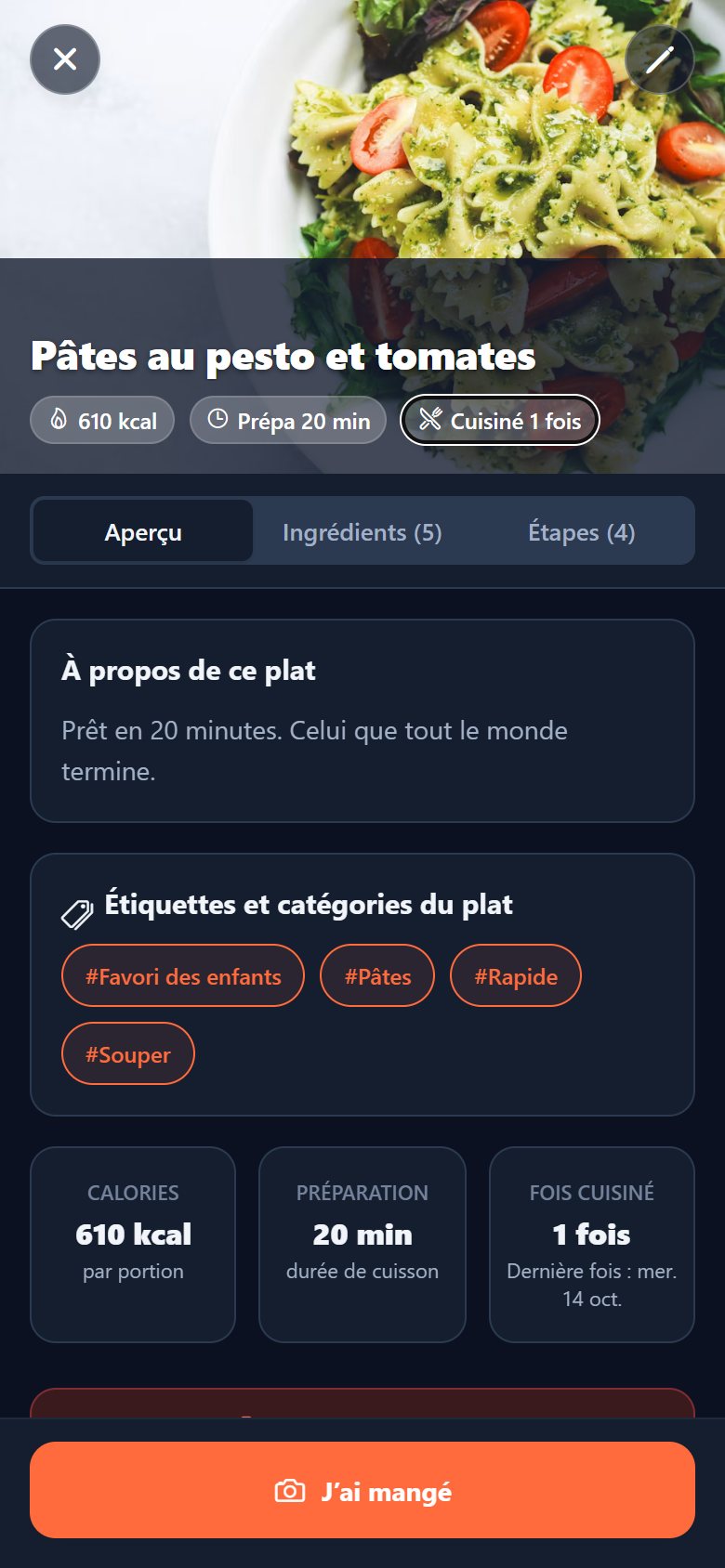 Fiche d’un plat avec calories, temps de préparation et étiquettes