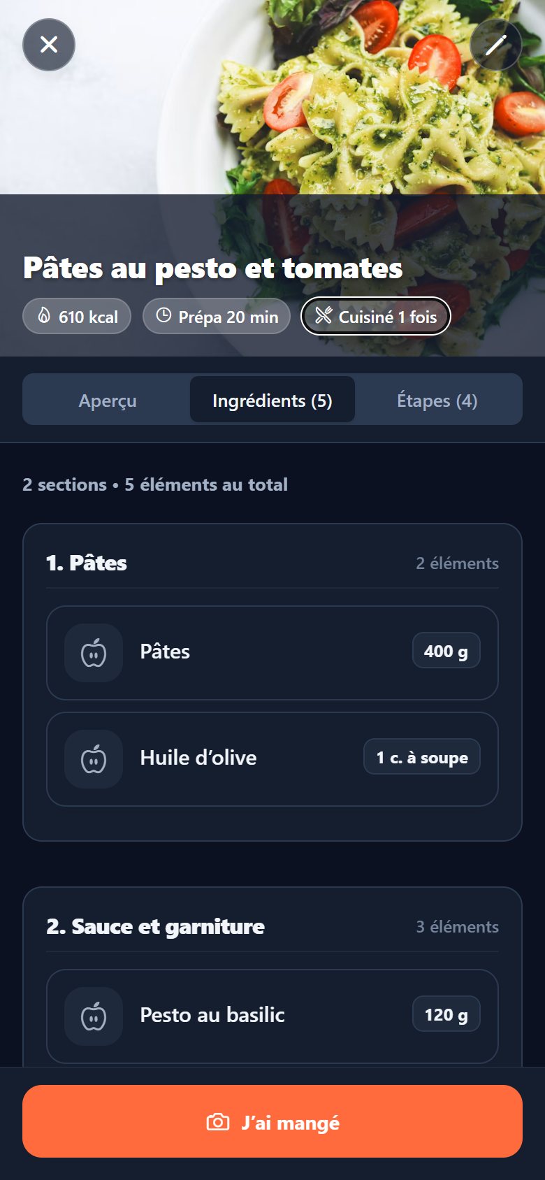 Les ingrédients d’un plat regroupés par section