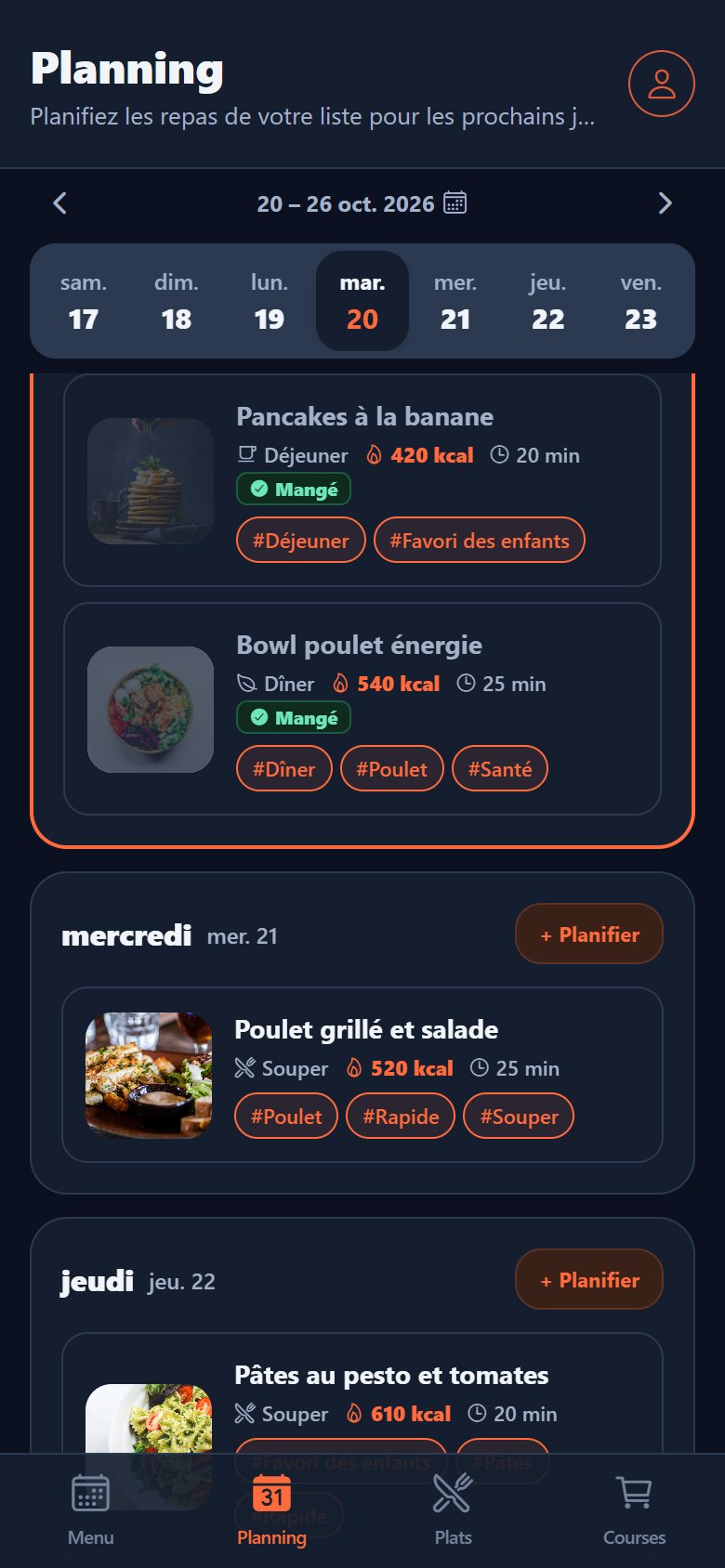 Planning hebdomadaire avec un dîner prévu chaque jour