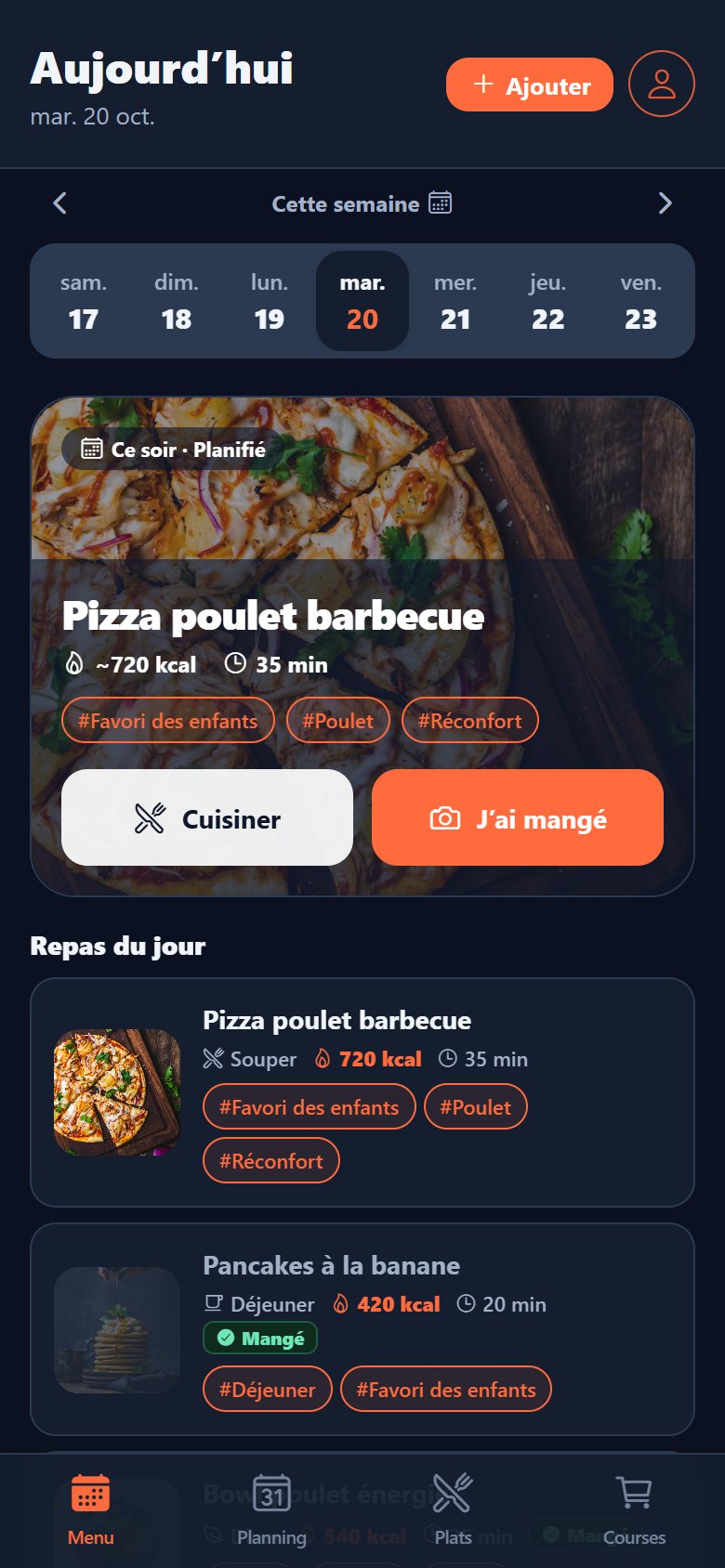 L’écran Aujourd’hui de Cuisy avec le dîner prévu ce soir et les repas du jour