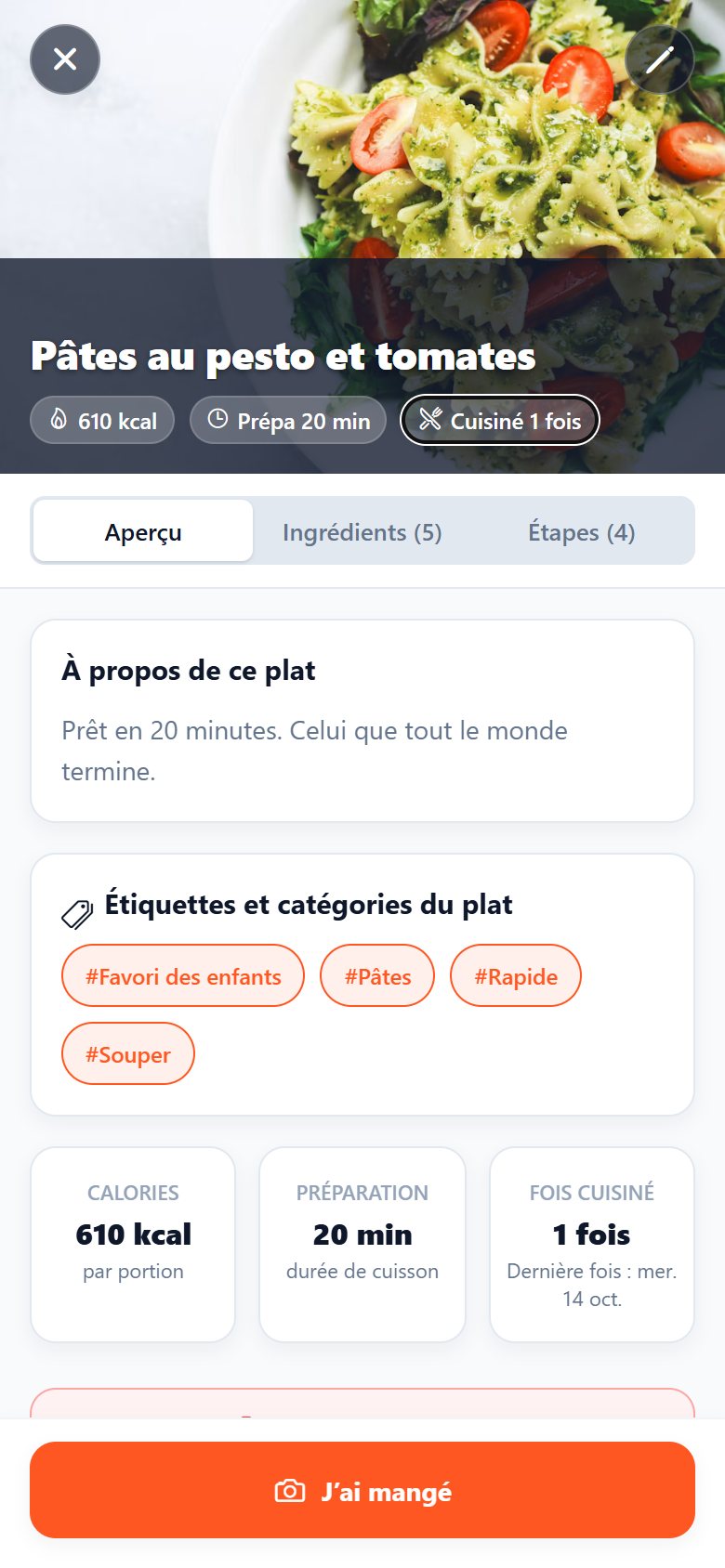 Fiche d’un plat avec calories, temps de préparation et étiquettes