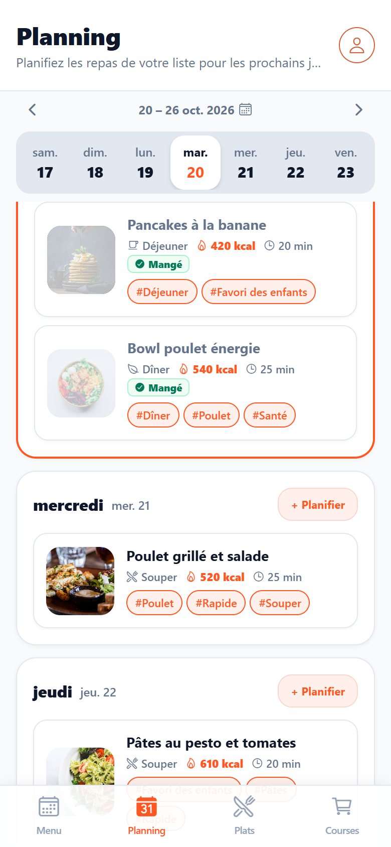 Planning hebdomadaire avec un dîner prévu chaque jour