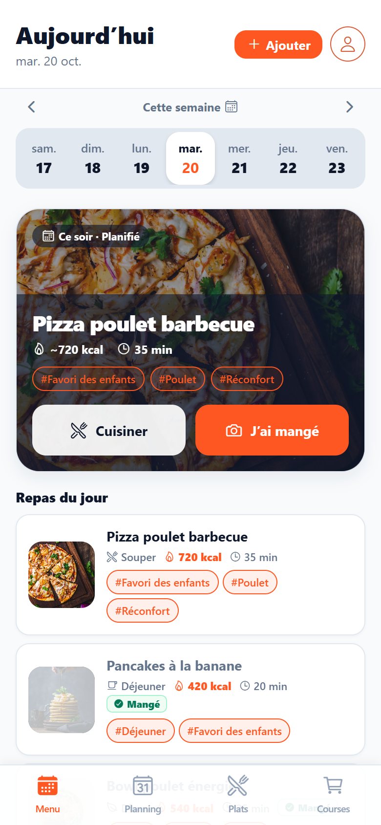 L’écran Aujourd’hui de Cuisy avec le dîner prévu ce soir et les repas du jour